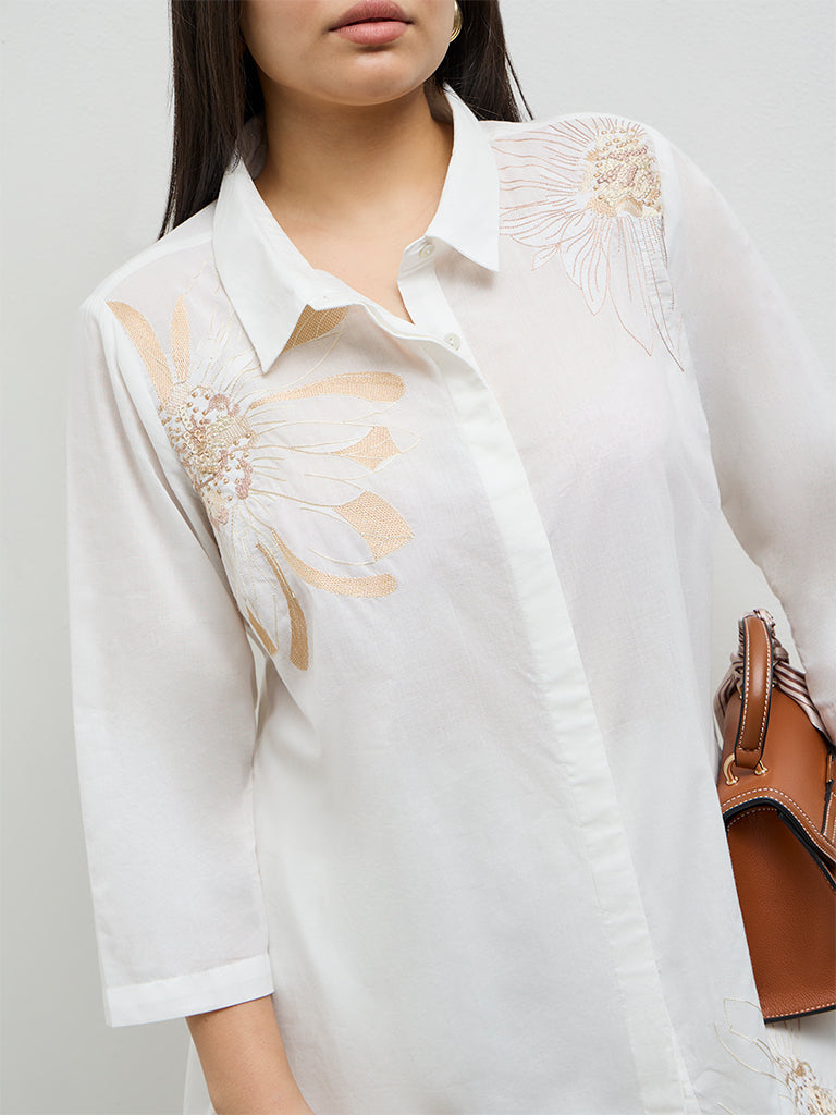 Diza White Floral Embroidered Cotton Tunic