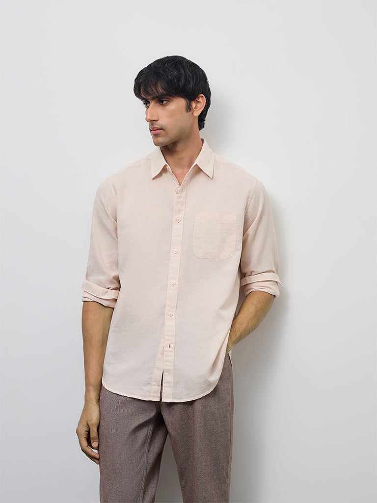 WES Casuals Light Peach Relaxed-Fit Cotton-Blend Shirt