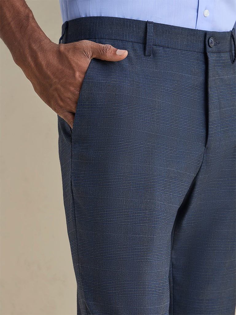 WES Formals Navy Plaid Checkered Slim-Fit Mid-Rise Trousers