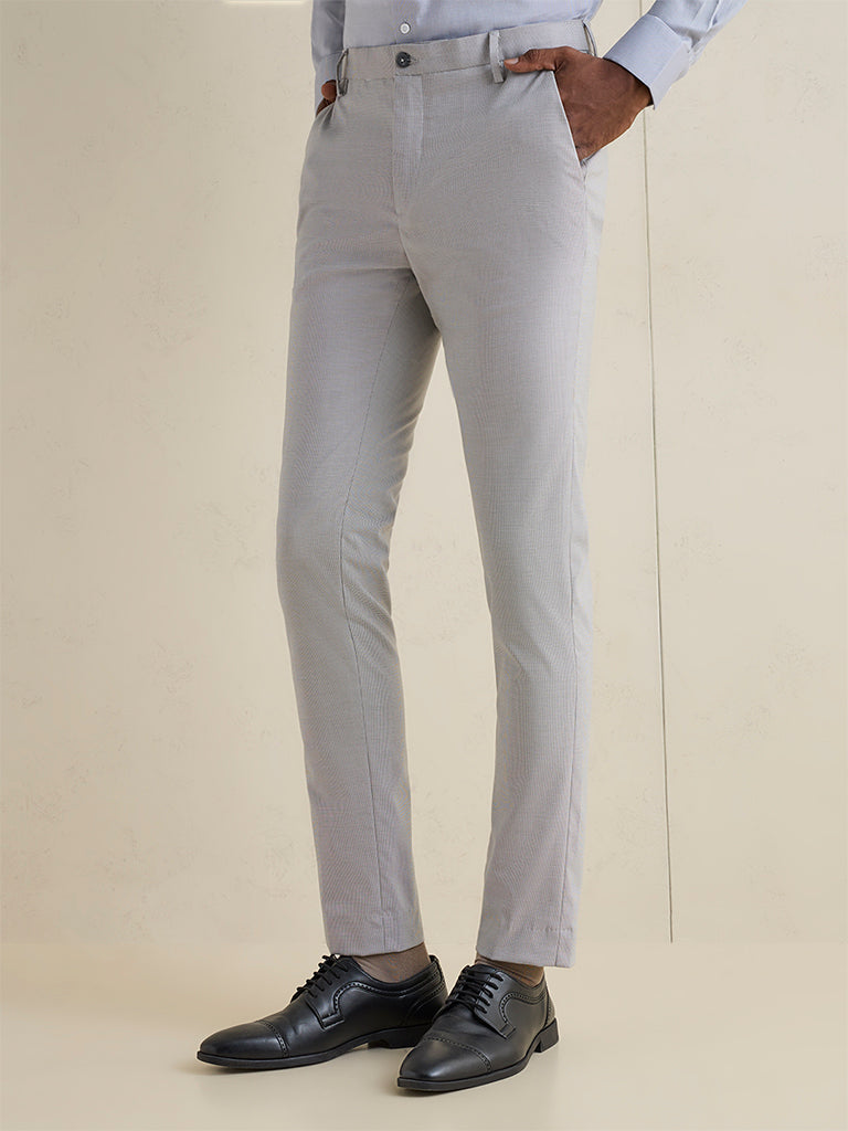 WES Formals Grey Houndstooth Ultra-Slim Fit Trousers