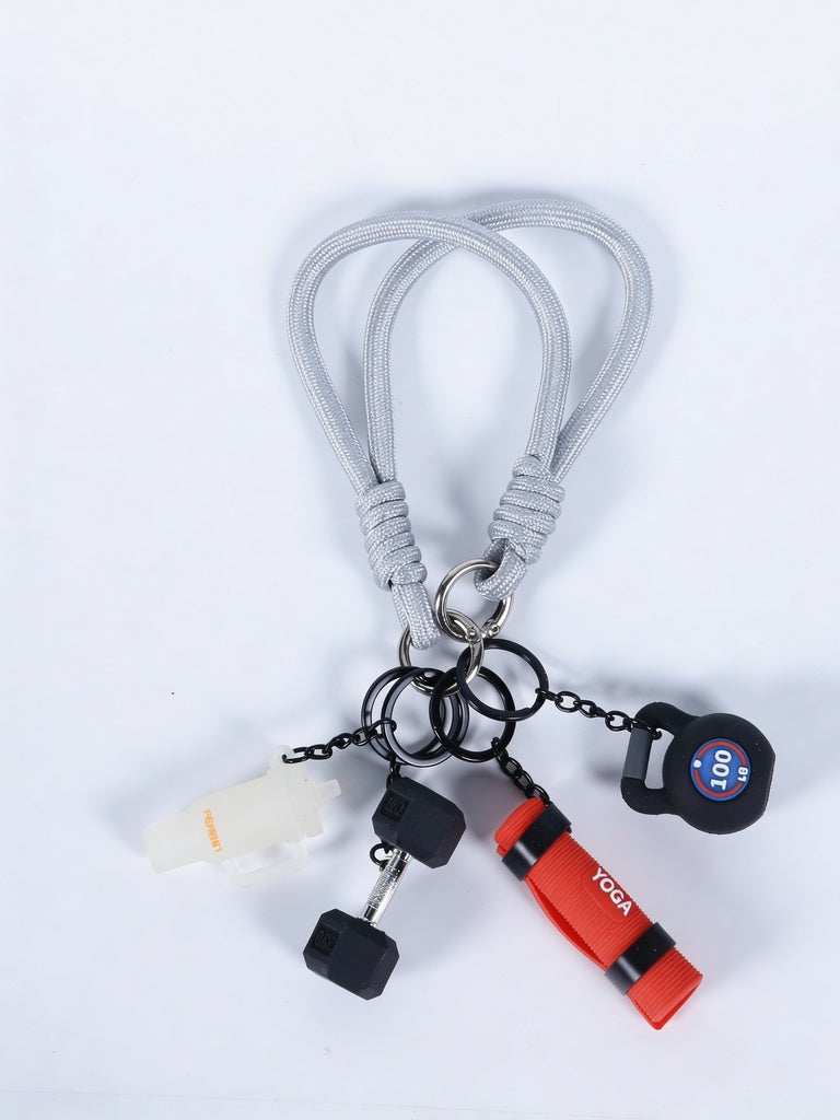 Grey Multi Charm Gym Themed Rope Handle Accessory Keychain