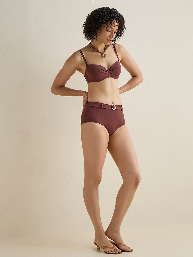 Wunderlove Swimwear Brown High-Rise Bikini Briefs