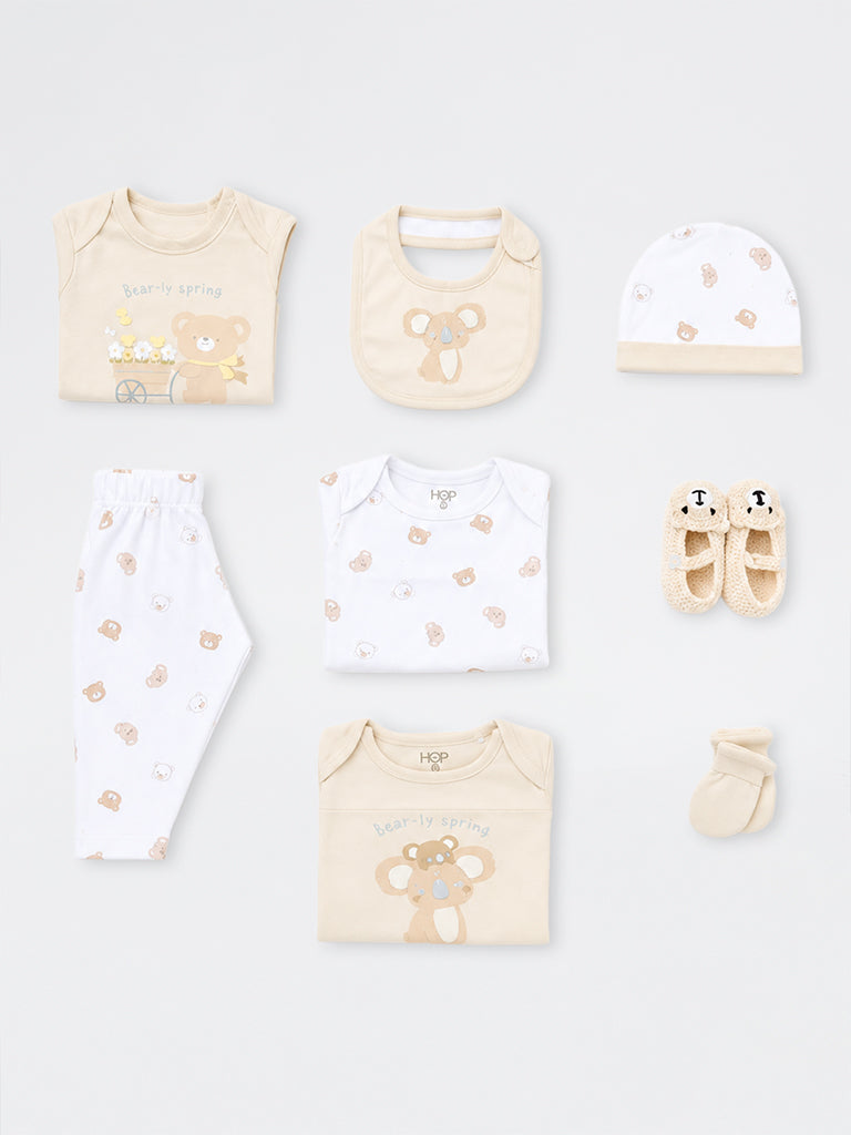 HOP Baby Boys Beige Teddy Printed Cotton Gift Set - Pack of 8
