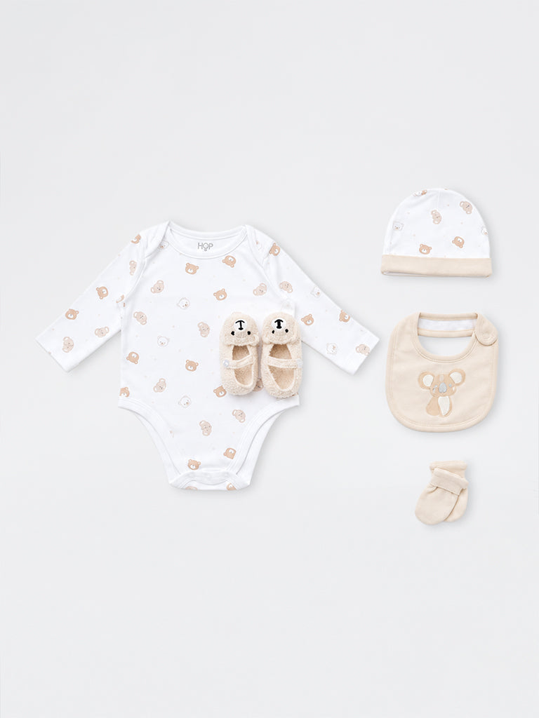 HOP Baby Boys Beige Teddy Printed Cotton Gift Set - Pack of 8