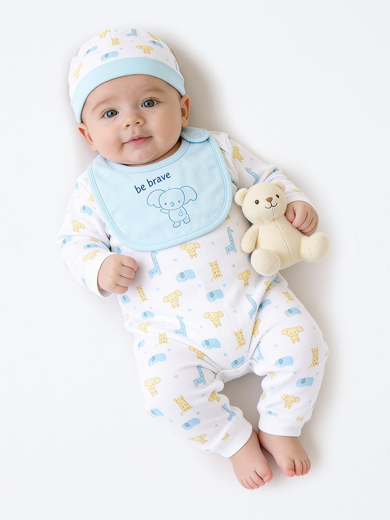 HOP Baby Boys Light Blue Animal Printed Cotton Baby Gift Set - Pack of 8