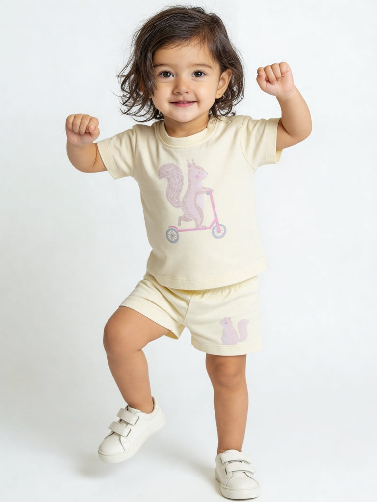 HOP Baby Girls Multi-Colored Squirrel Printed Cotton T-Shirt