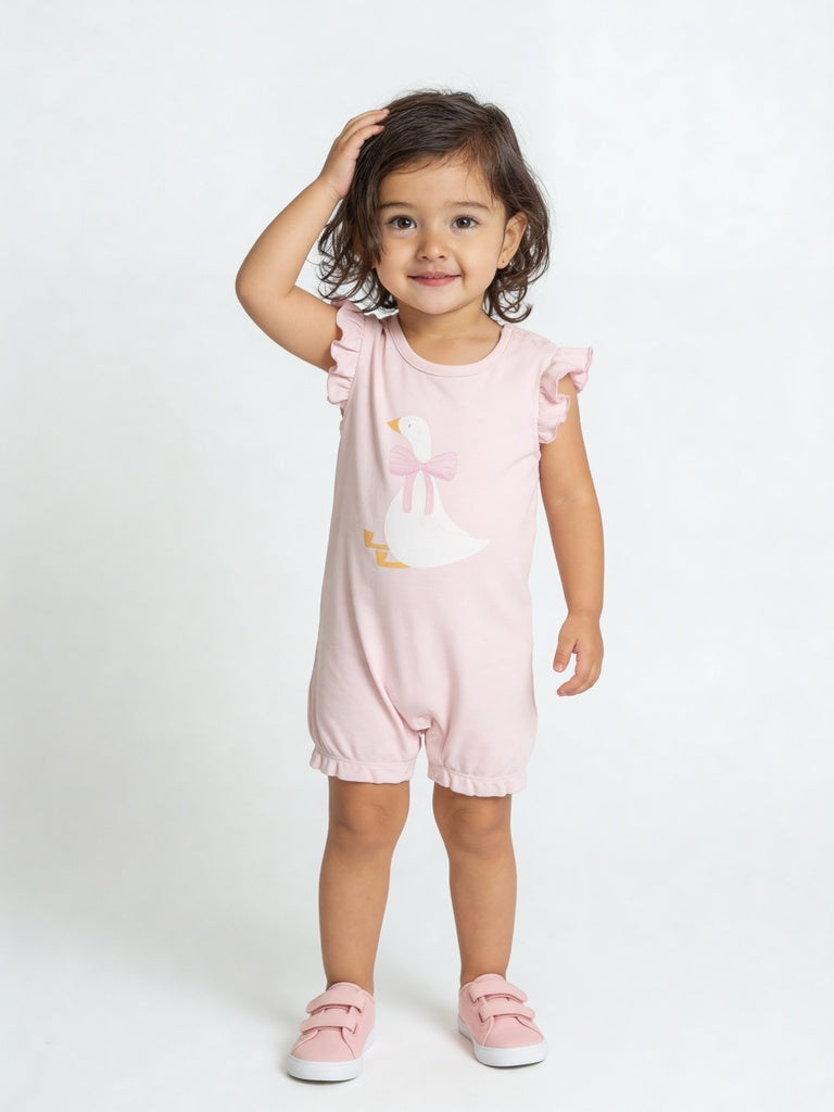 HOP Baby Girls Light Pink Duck Graphic Cotton Baby Romper