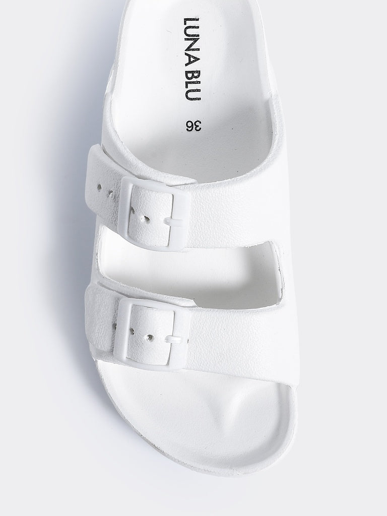 LUNA BLU White Double Buckle Slip-On Sandals