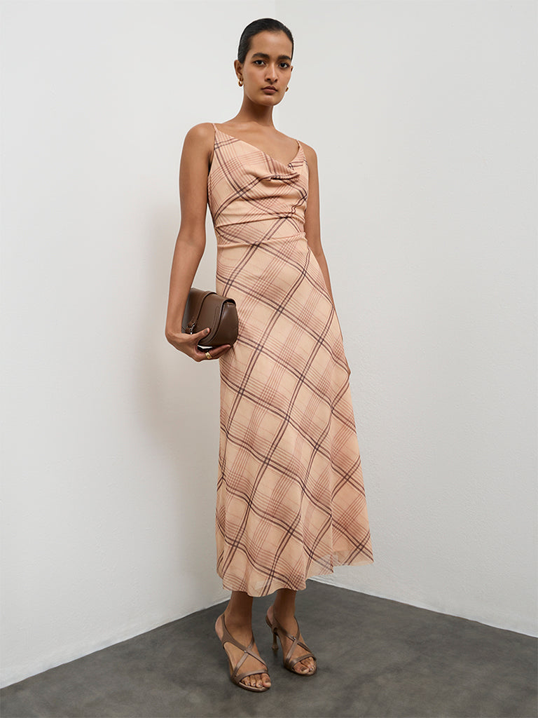 Wardrobe Beige Checks Design A Line Dress