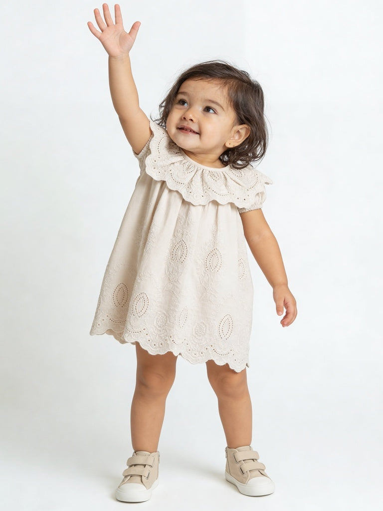 HOP Baby Girls Beige Embroidered Cotton Dress