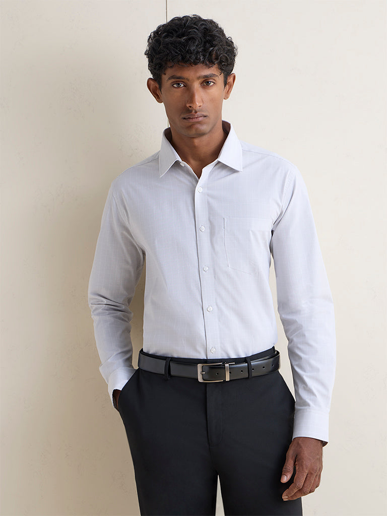 WES Formals Grey Checks Printed Slim-Fit Cotton Shirt