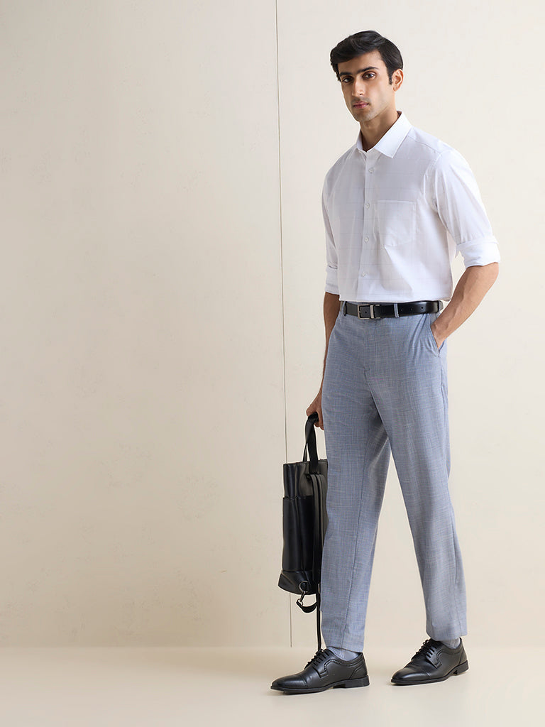 WES Formals Grey Checkered Relaxed-Fit Cotton Shirt