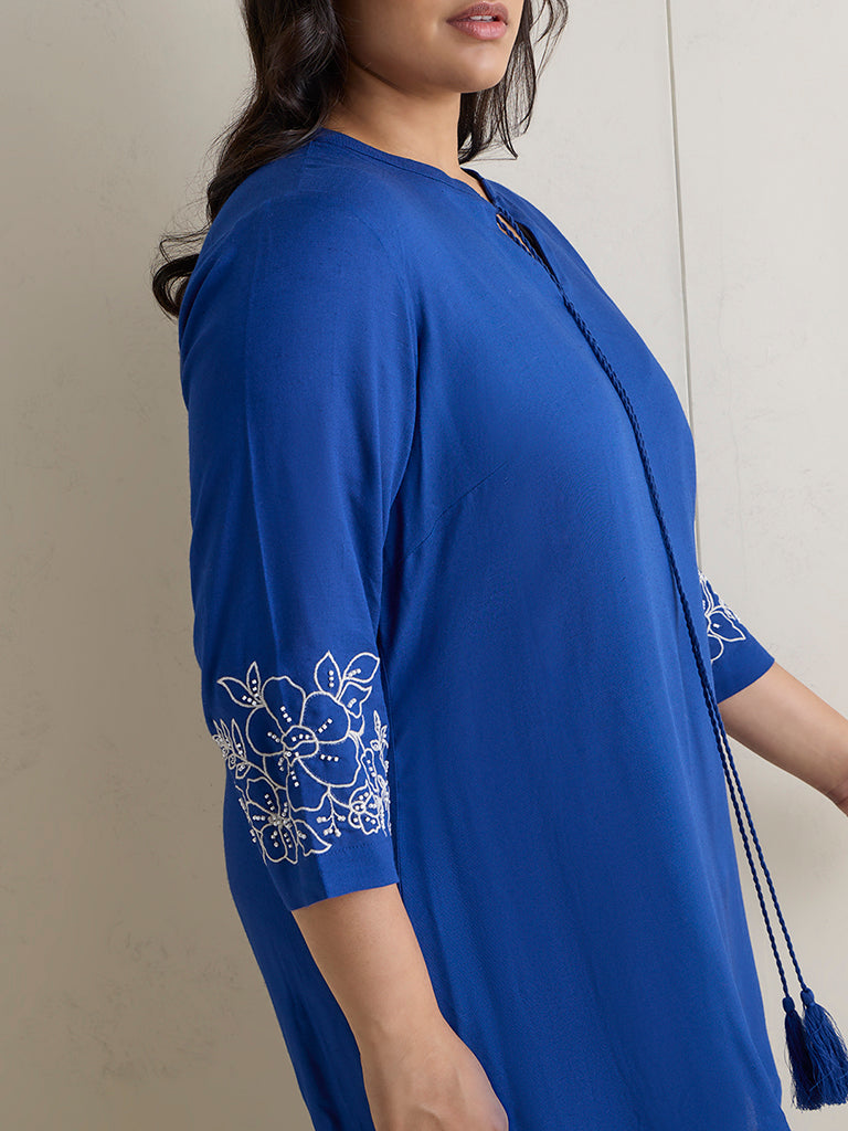 Diza Blue Floral Embroidered Tunic