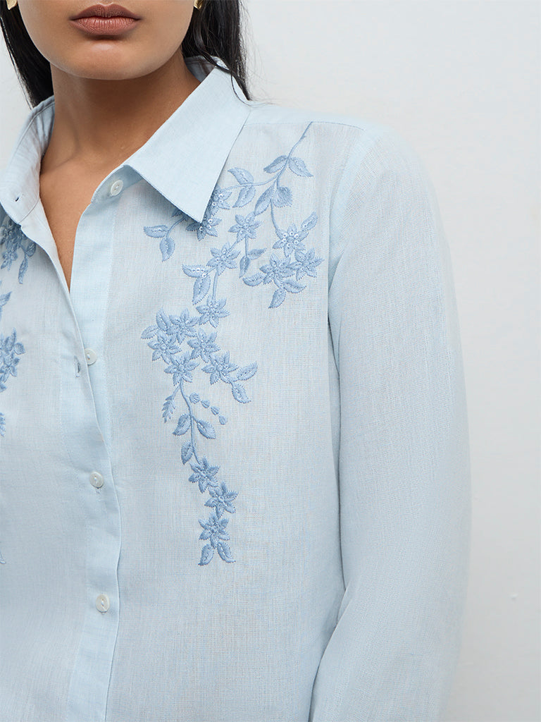 Zuba Powder Light Blue Floral Embroidered Linen Blend Tunic