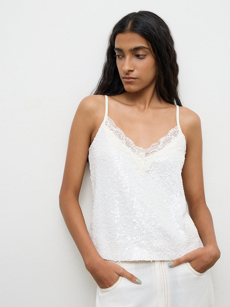 Nuon Off-White Sequin Lace Embellished Top