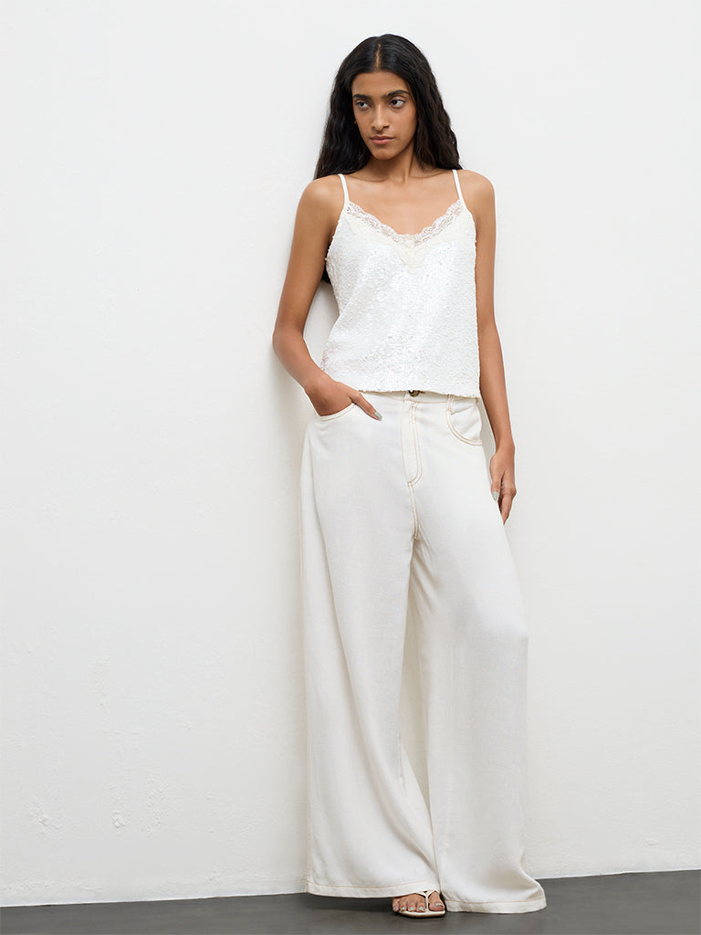 Nuon Off-White Sequin Lace Embellished Top