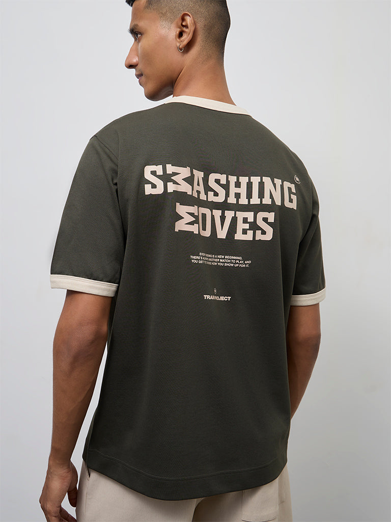 Nuoflexx Olive Text Printed Relaxed-Fit Cotton-Blend T-Shirt