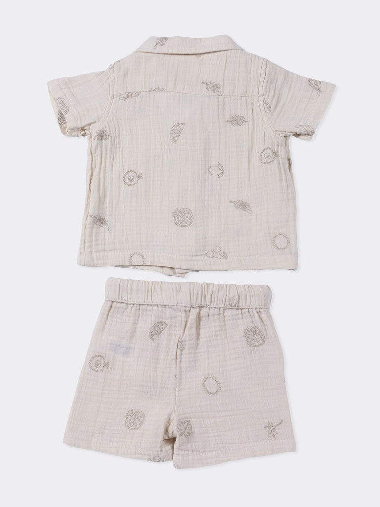 HOP Baby Boys Taupe Fruit Printed Cotton Shirt and Shorts Set