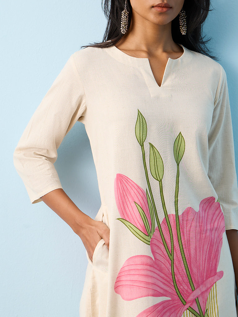 Utsa Light Beige Floral Design Cotton-Blend A-Line Kurta