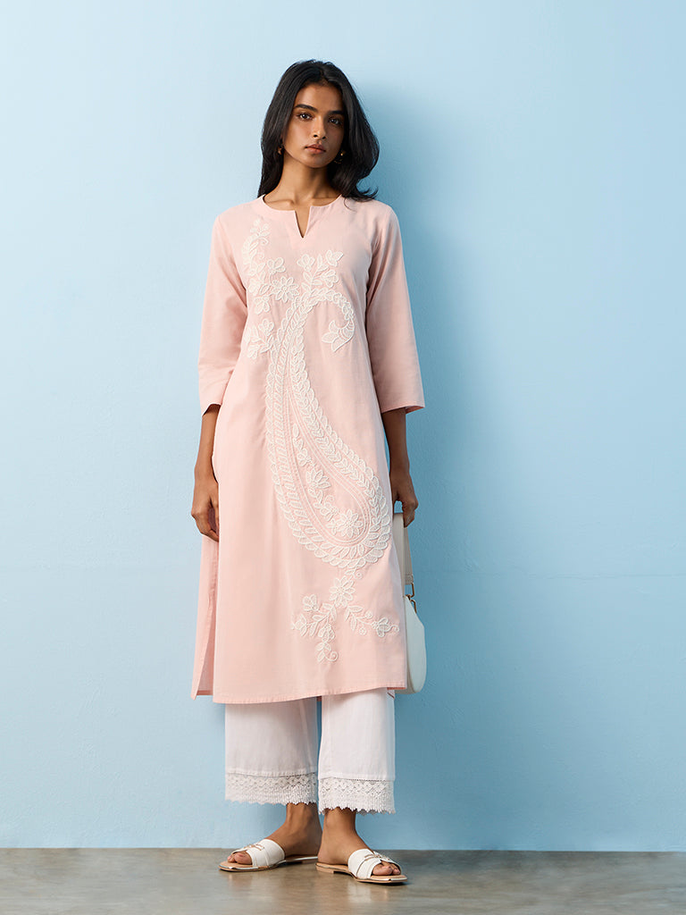 Utsa Off-White Floral Printed Cotton-Blend A-Line Kurta