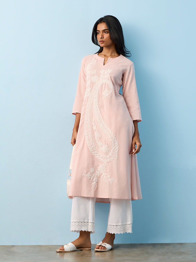 Utsa Off-White Floral Printed Cotton-Blend A-Line Kurta