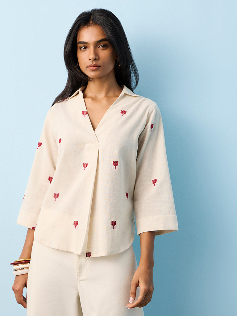 Utsa Beige Embroidered Cotton-Blend Tunic