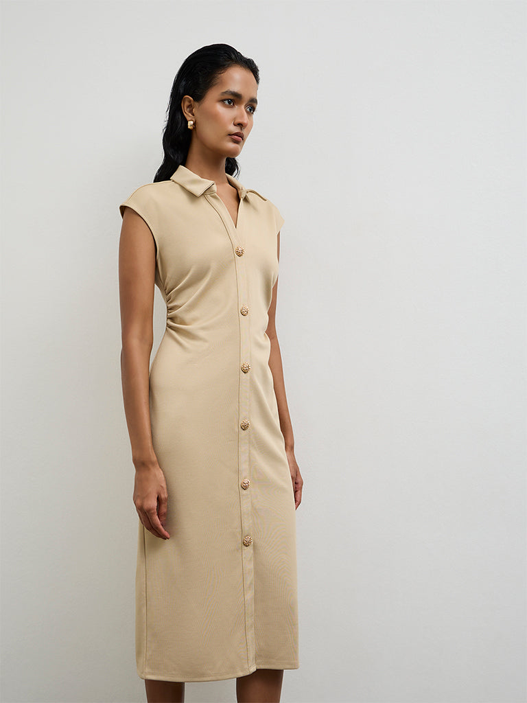 Wardrobe Light Beige Ruched A-Line Dress