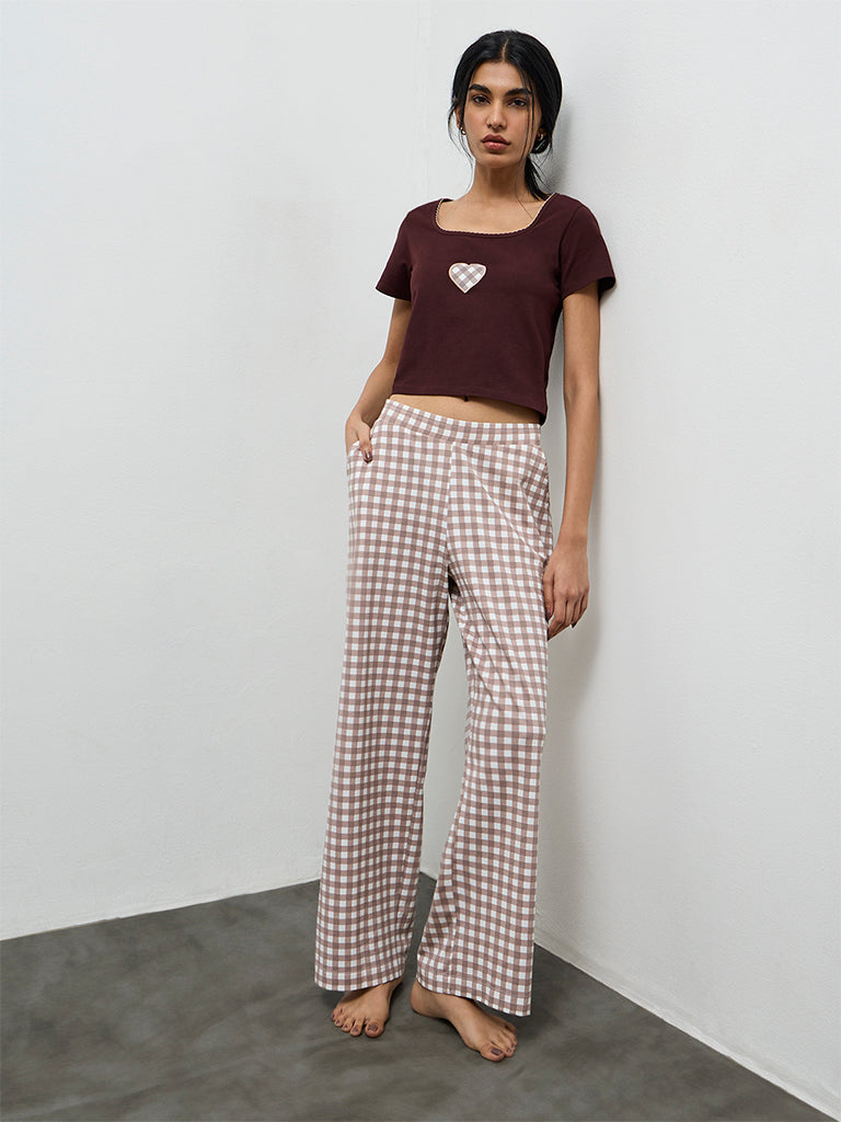 Superstar Taupe Checkered High-Rise Cotton-Blend Pants