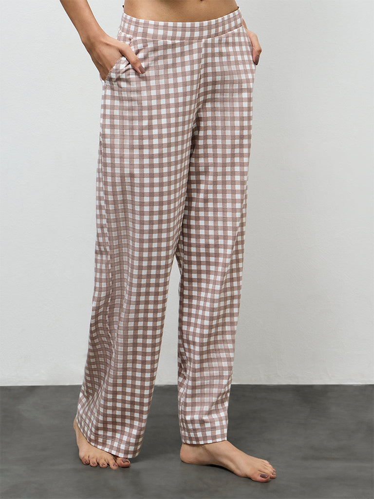 Superstar Taupe Checkered High-Rise Cotton-Blend Pants