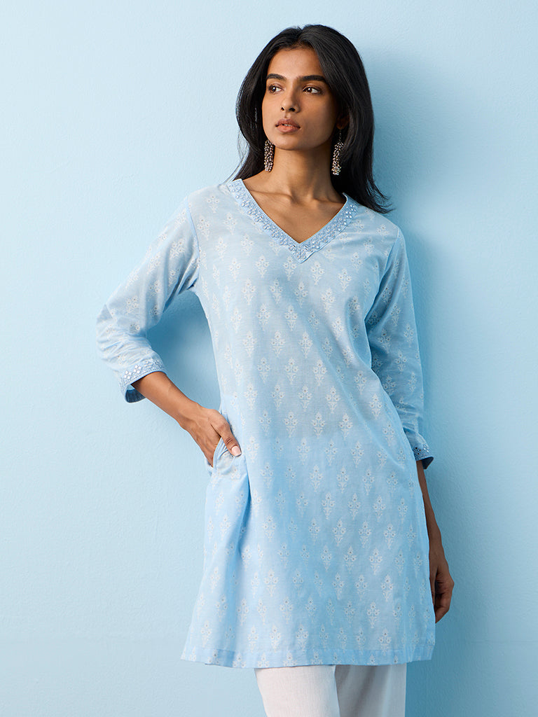 Utsa Blue Jamdani Printed Cotton A-Line Kurta