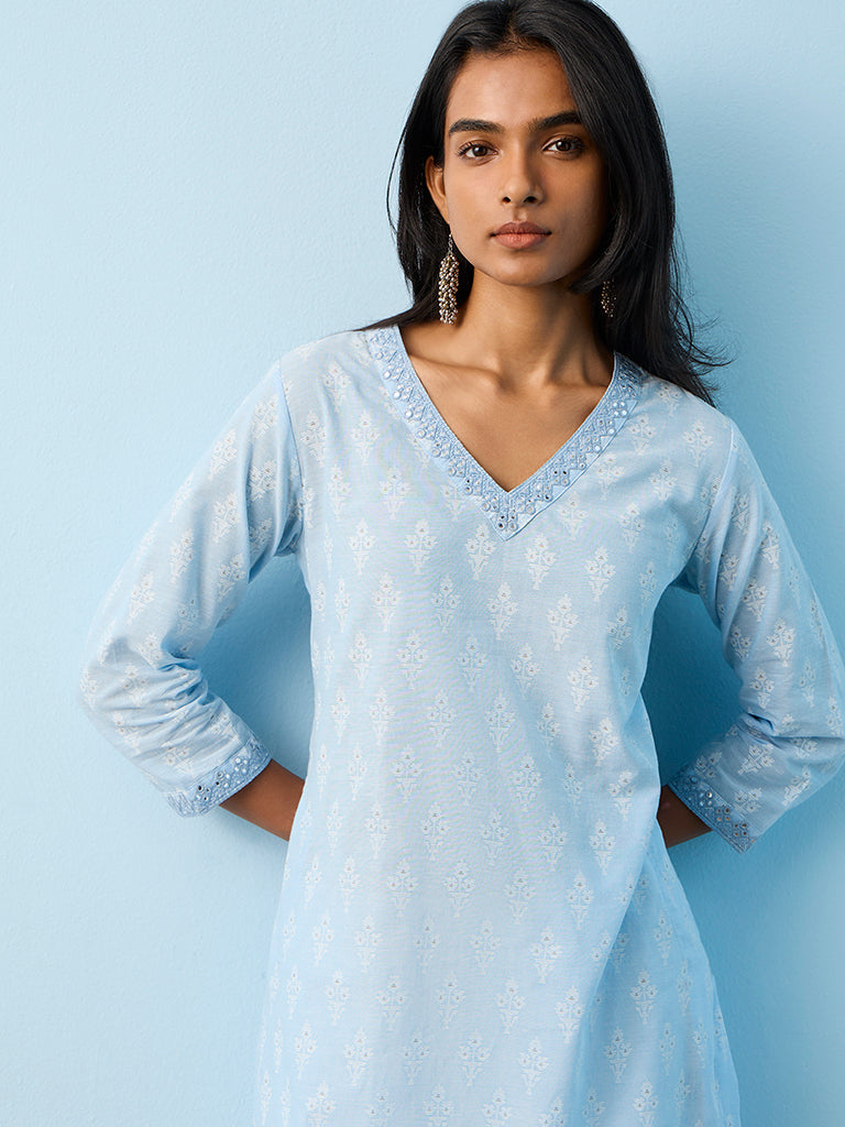 Utsa Blue Jamdani Printed Cotton A-Line Kurta