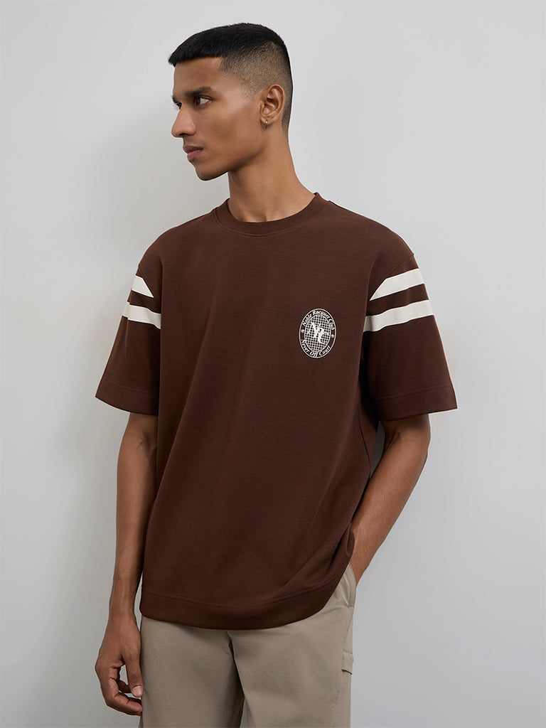 Nuoflexx Brown Typographic Relaxed-Fit Cotton-Blend T-Shirt