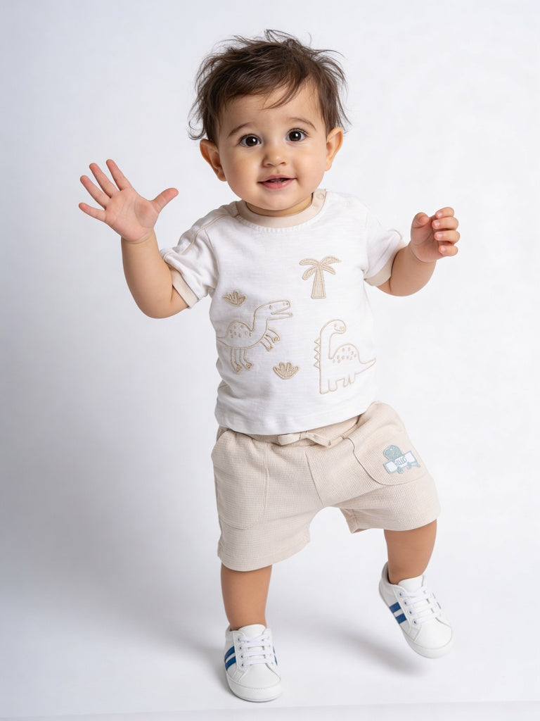 HOP Baby Boys White Regular Fit Cotton T-Shirt and Shorts Set