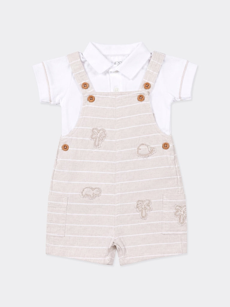 HOP Baby Boys Taupe Striped Cotton-Blend Dungaree Set