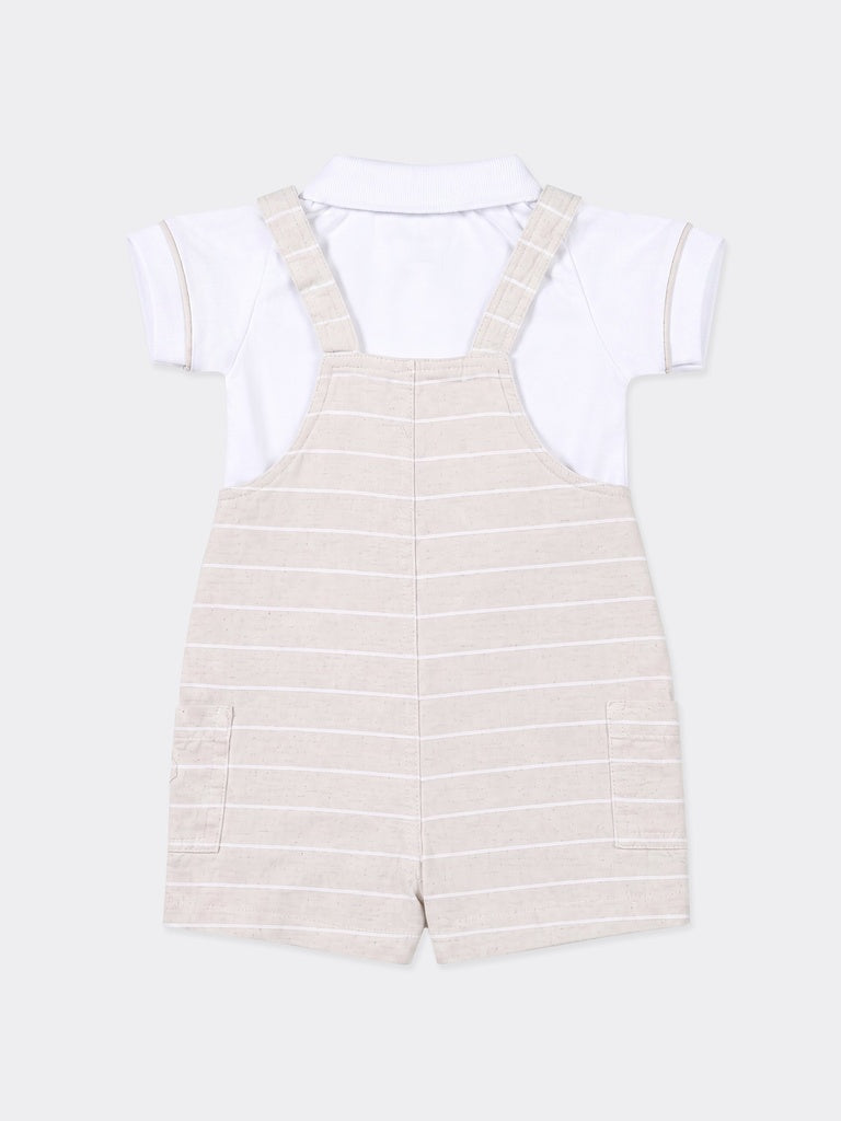 HOP Baby Boys Taupe Striped Cotton-Blend Dungaree Set