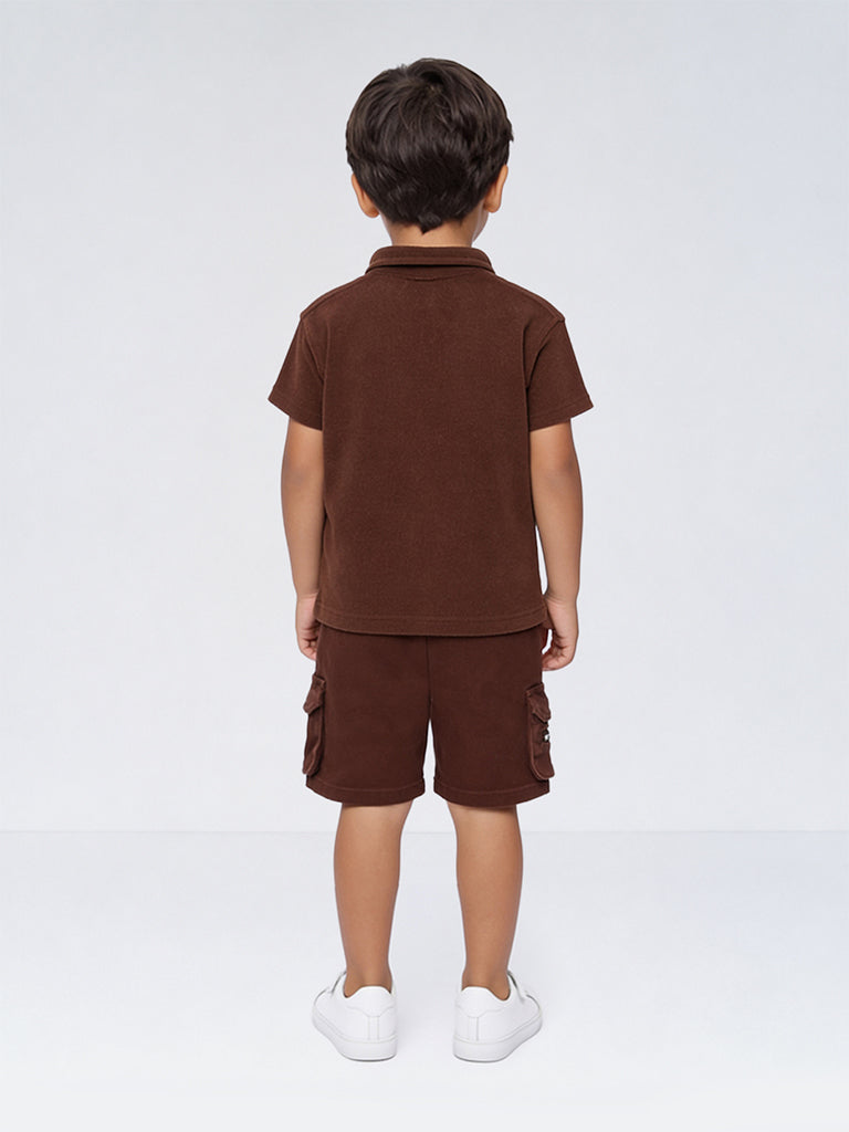 HOP Kids Boys Brown Cargo-Style Mid-Rise Denim Shorts