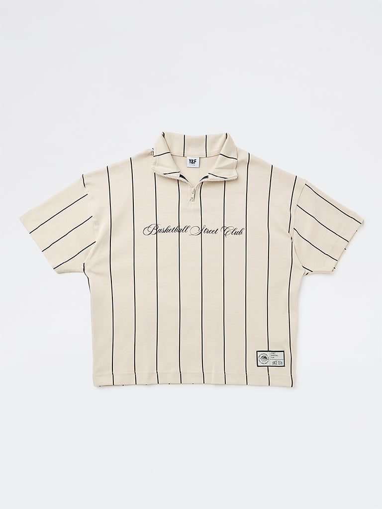 Boys Cream Printed Cotton T-Shirt