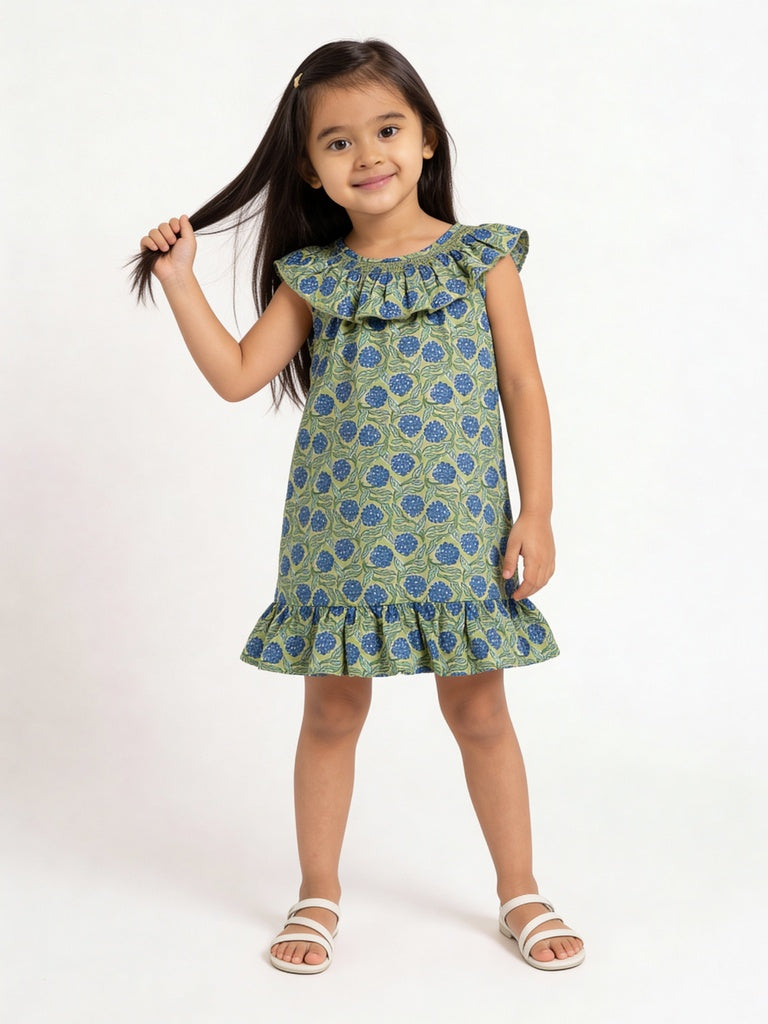 Utsa Kids Girls Lime Green Floral Printed A-Line Cotton Dress - (2 - 8 yrs)