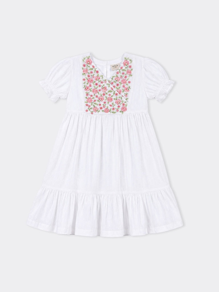 Utsa Kids Girls White Floral Embroidered Cotton-Blend Tiered Dress - (2-8 yrs)