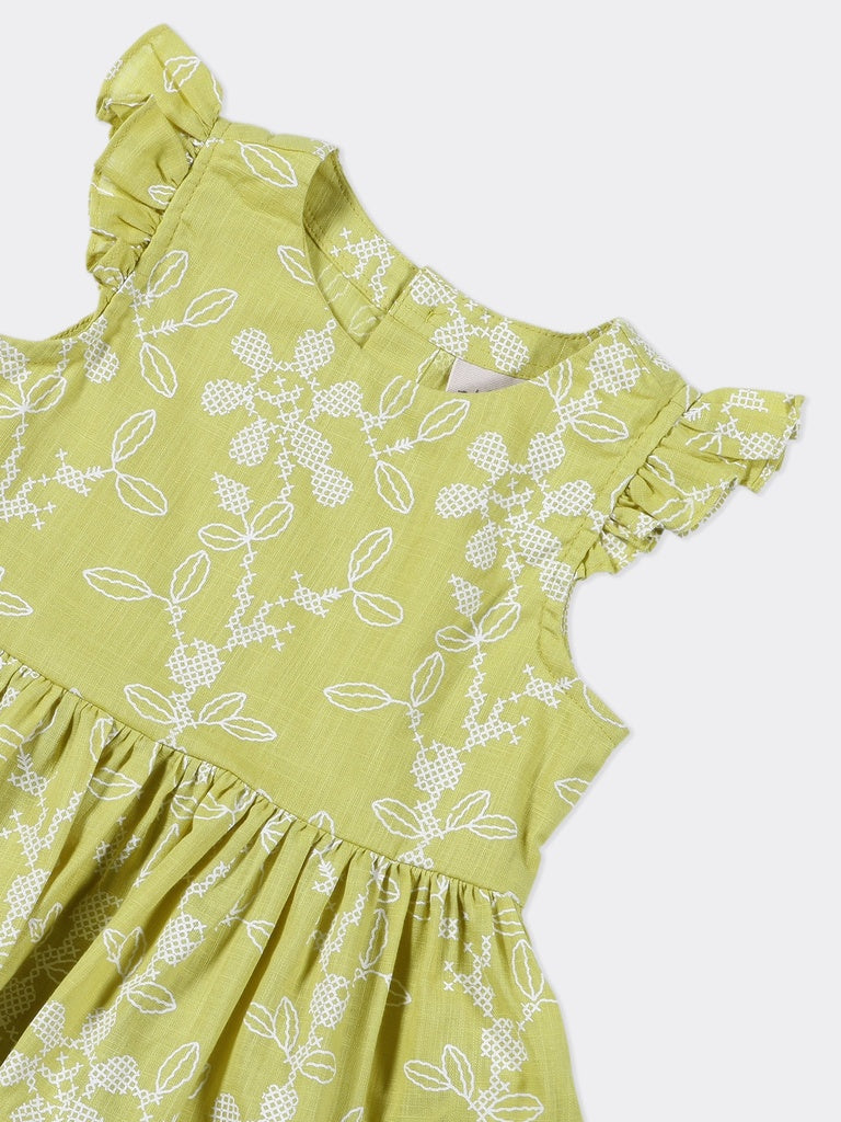 Utsa Kids Girls Lime Green Printed Cotton Top - (2-8 yrs)