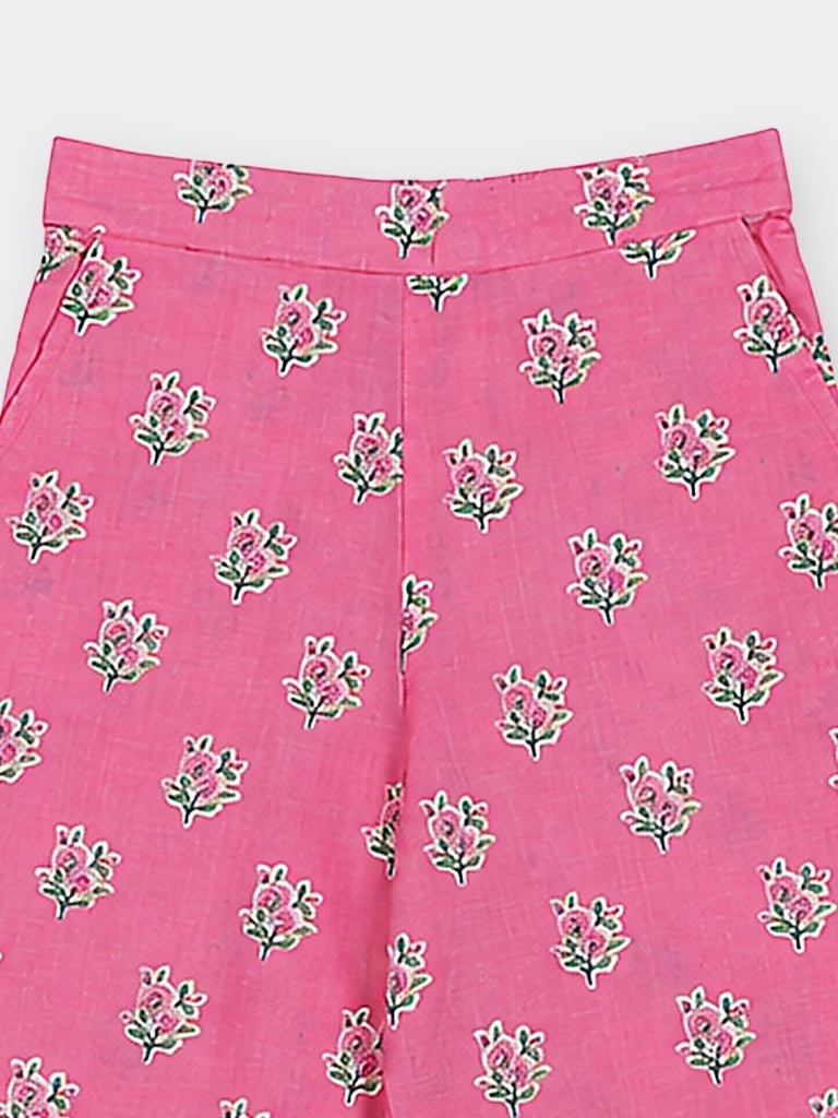 Utsa Kids Girls Pink Floral Printed Cotton Pants - (8-14 yrs)
