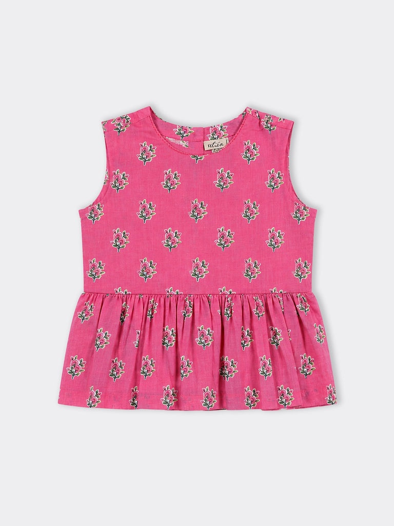 Utsa Kids Girls Pink Floral Flared Cotton Top - (8-14 yrs)