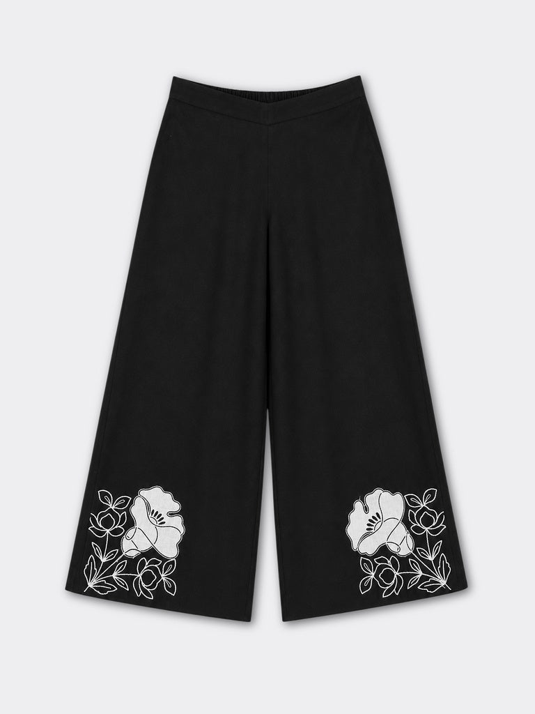 Utsa Black Floral Printed Cotton-Blend Pants