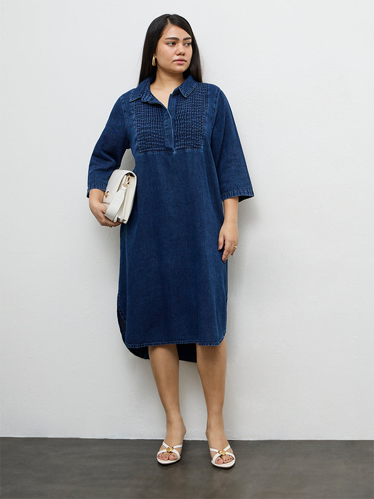 Gia Dark Blue Pintuck Denim A-Line Dress