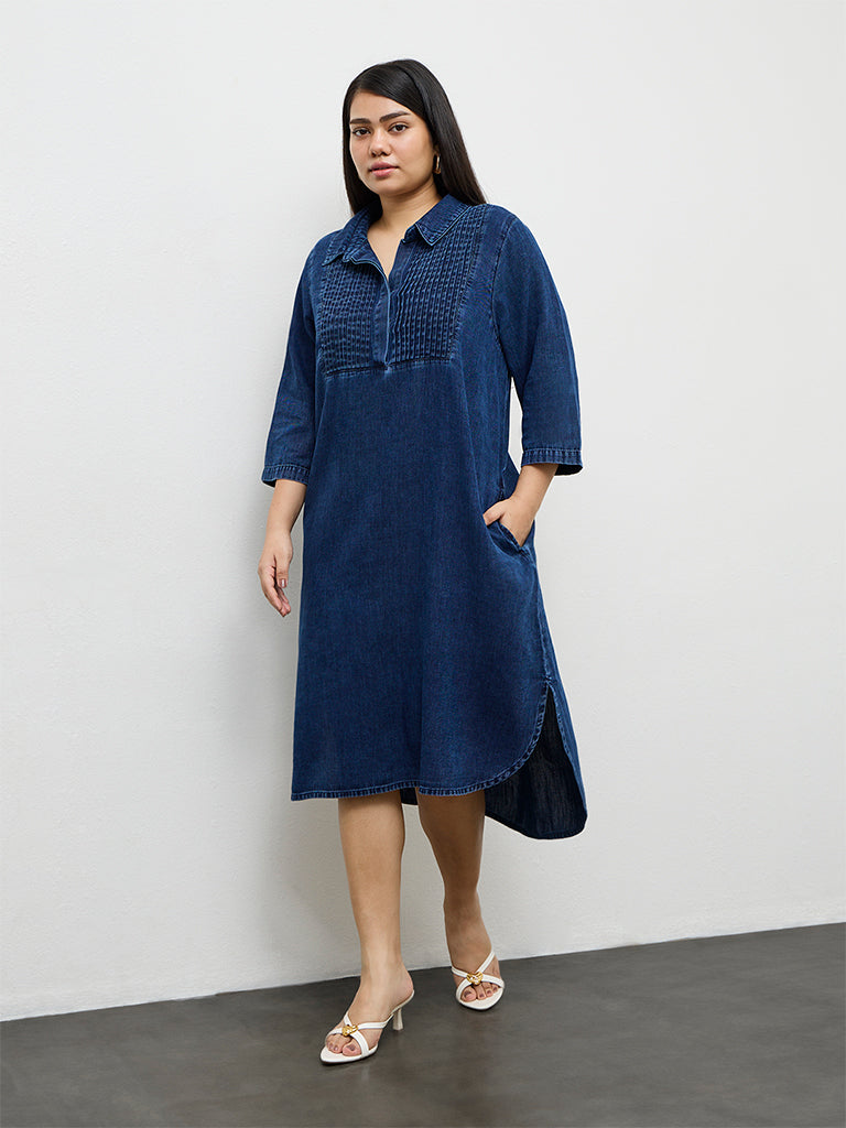 Gia Dark Blue Pintuck Denim A-Line Dress