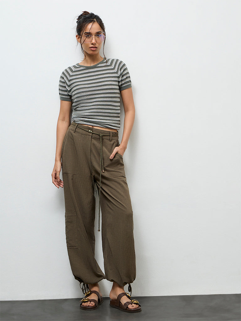 LOV Olive Textured High-Rise Pants