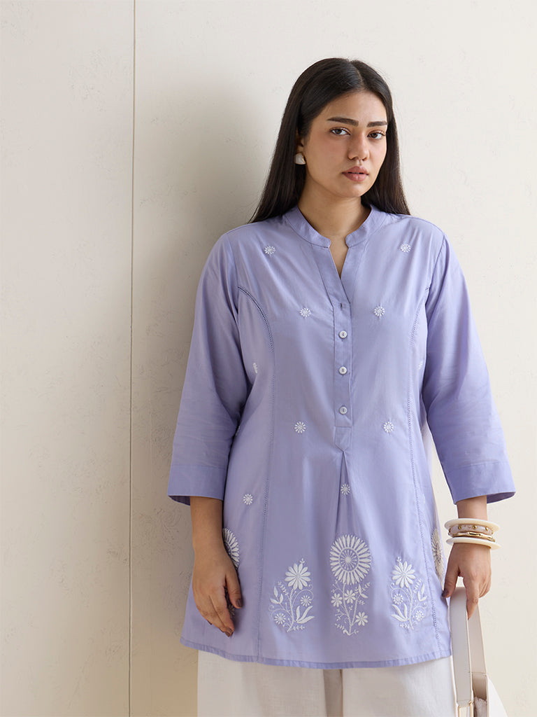 Diza Lilac Floral Embroidered Cotton Straight Kurti