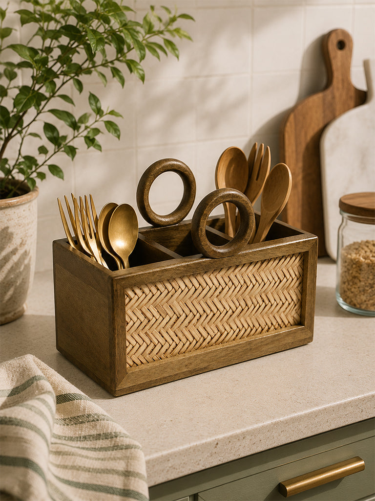 Westside Home Brown Rattan Woven Wooden Caddy