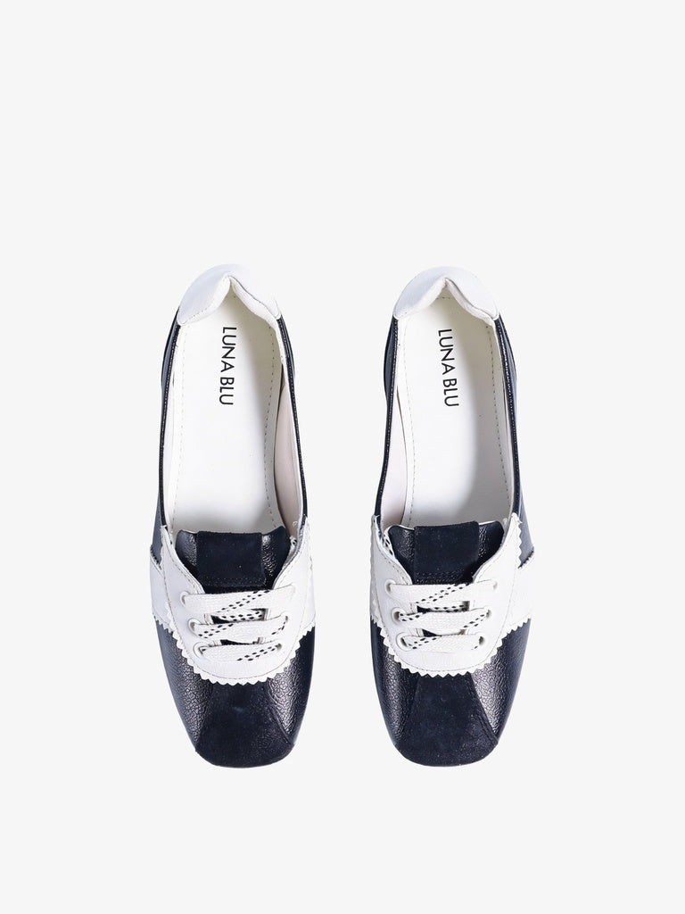 LUNA BLU Black and White Sporty Suede Lace-Up Ballerinas
