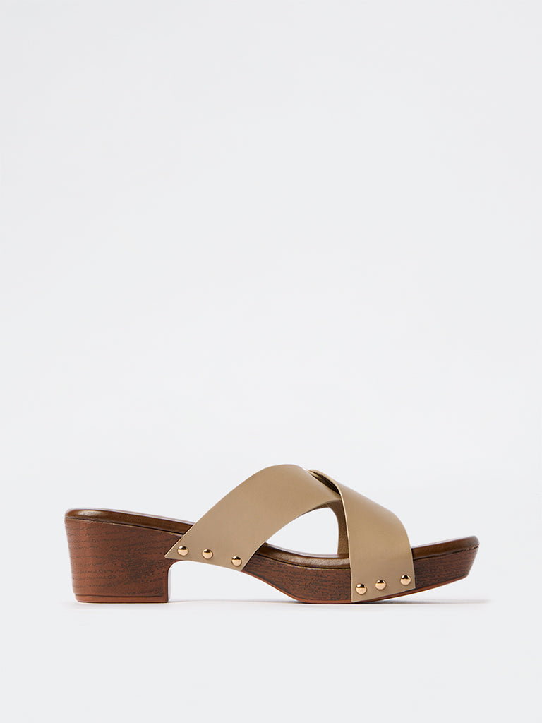 LUNA BLU Taupe Criss-Cross Strap Block Heel Sandals